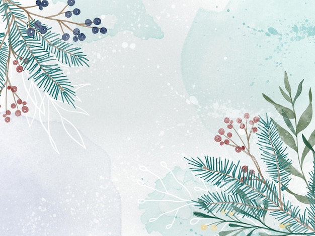 Foto aquarell winter hintergrund mit pflanzen zweige beeren und spritzer weihnachten vorgefertigte szene