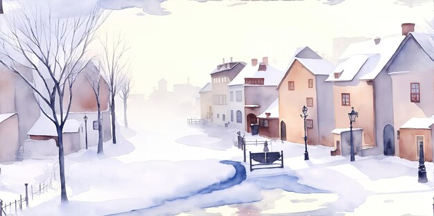 Aquarell-Winter-Stadtlandschaft mit schneebedeckten Häusern und Straßen
