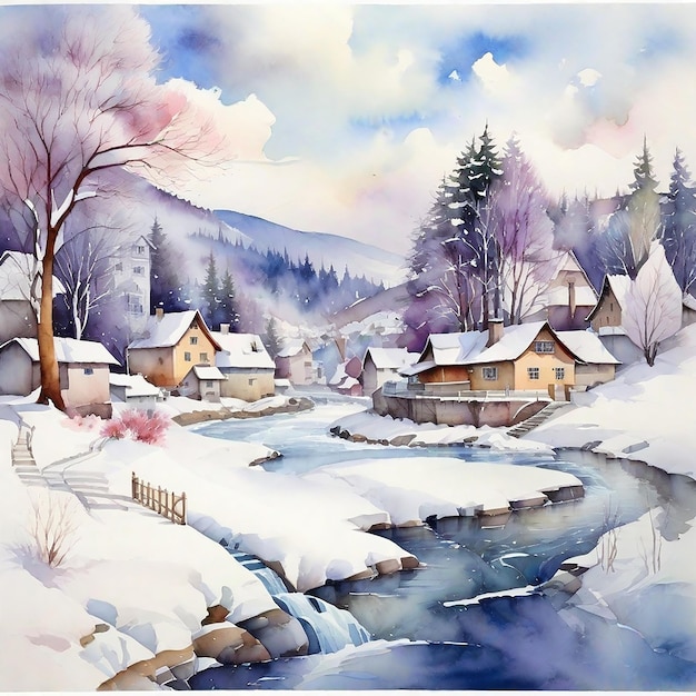 Aquarell Winterdorf