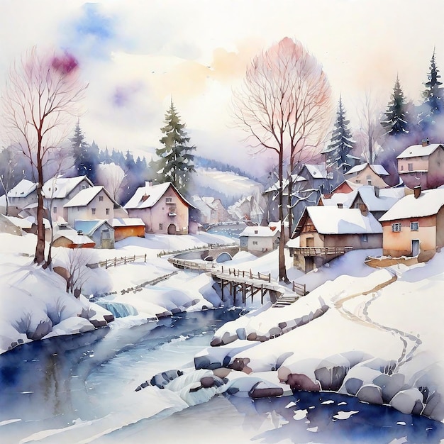 Aquarell Winterdorf