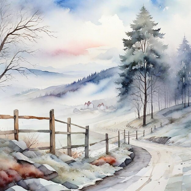 Aquarell Winterdorf