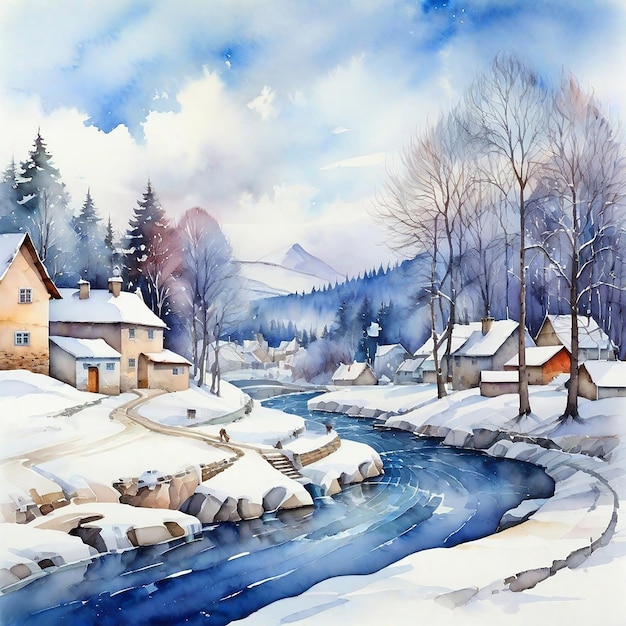 Aquarell Winterdorf