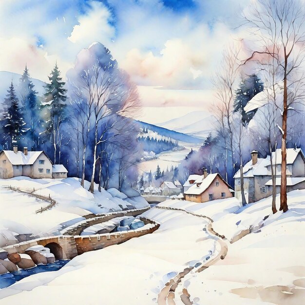 Aquarell Winterdorf