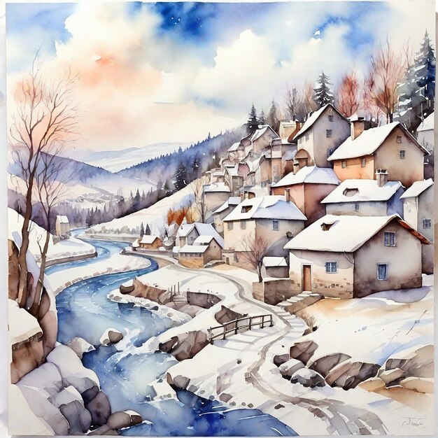 Aquarell Winterdorf