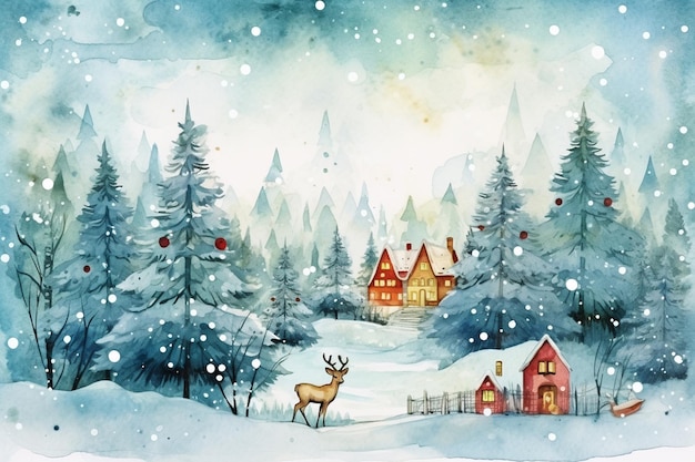 Aquarell Winterfestlandschaft Illustration Weihnachtsdorfhäuser mit Schnee-Fichtenwald