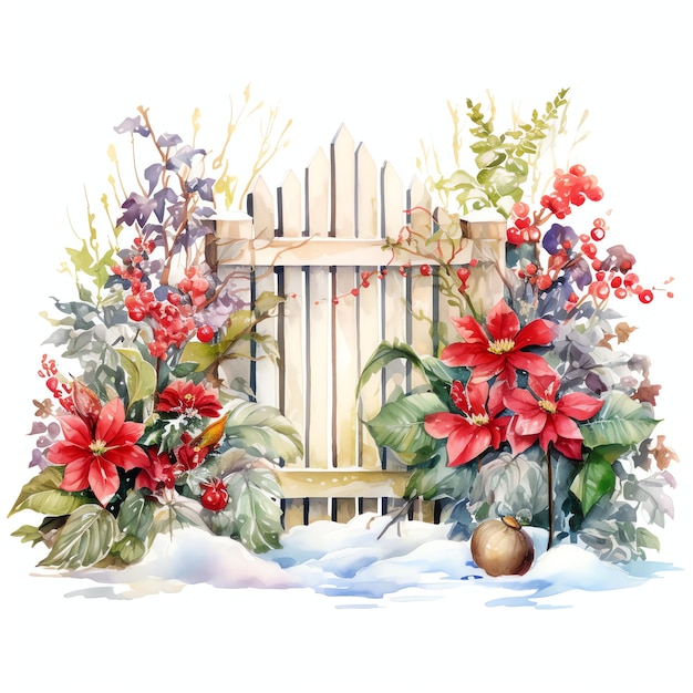 Aquarell Wintergartenzaun mit Blumen Illustration Frühlingsblumen Clipart