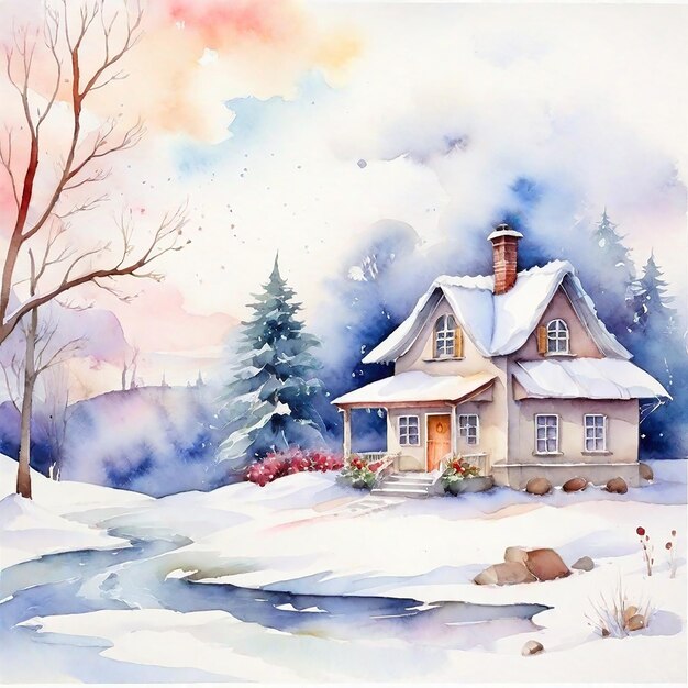 Aquarell-Winterhaus-Hintergrund