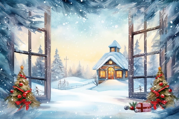 Aquarell Winterlandschaft Illustration Weihnachtsdorfhäuser mit schneebedecktem Fichtenwald