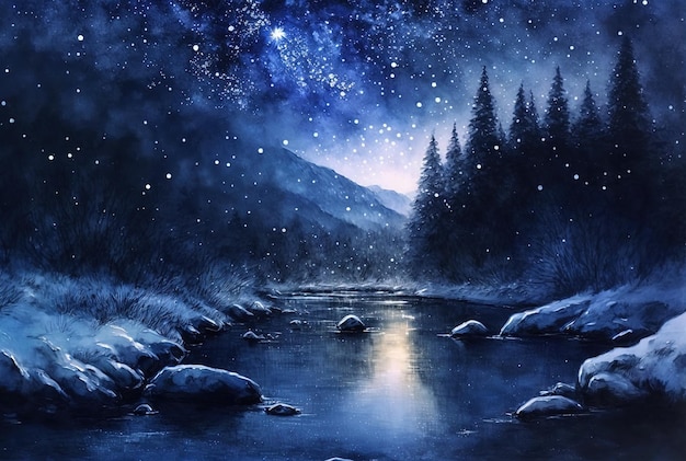 Aquarell Winterlandschaftsmalerei Wald und Berge in einer sternenklaren Nacht