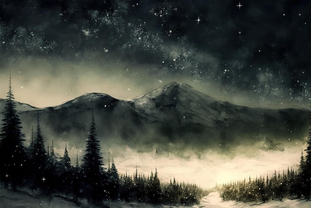 Aquarell Winterlandschaftsmalerei Wald und Berge in einer sternenklaren Nacht