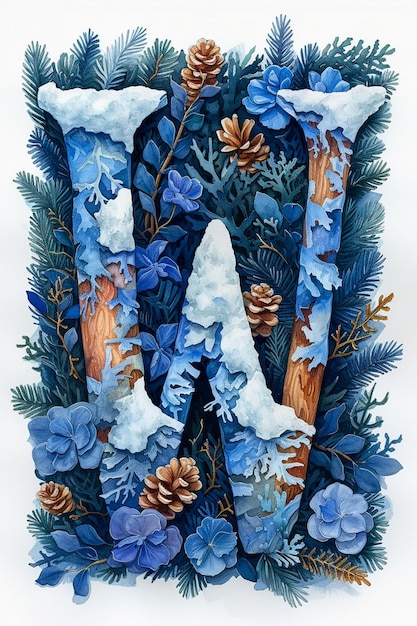 Aquarell Winterwunder mit Schnee Buchstabe W