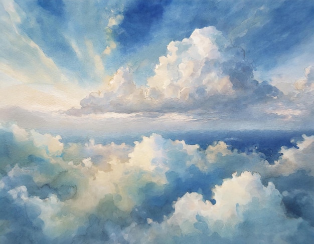 Aquarell-Wolkenlandschaft mit blauem Himmel und weißem Wolken-Hintergrund