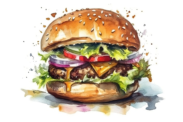 Aquarell-Zeichnung Hamburger auf weißem Hintergrund, generative KI