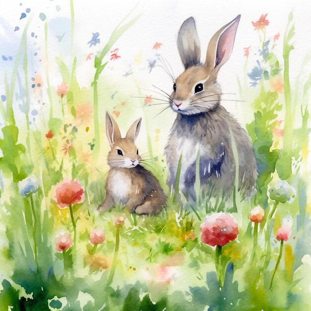 Aquarell-Zeichnung süßer Osterhase mit Blumen Dekoration für Grußkarten Zusammensetzung Oster