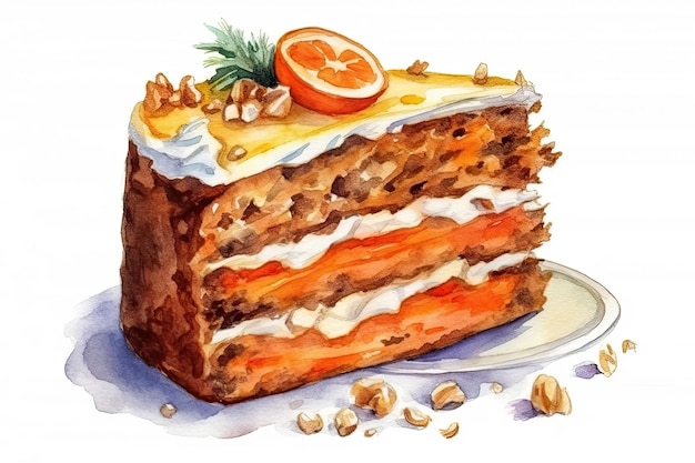 Aquarell-Zeichnung von Karottenkuchen auf weißem Hintergrund, generative KI