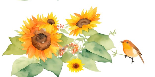 Aquarell-Zeichnung von Sonnenblumenblumen und Vögeln auf weißem Hintergrund