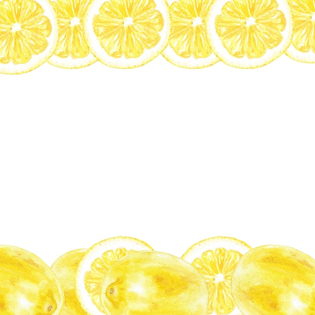 Aquarell-Zitronenrahmen handbemalt im botanischen Stil. Limettenscheibe mit tropischen Früchten an der Grenze