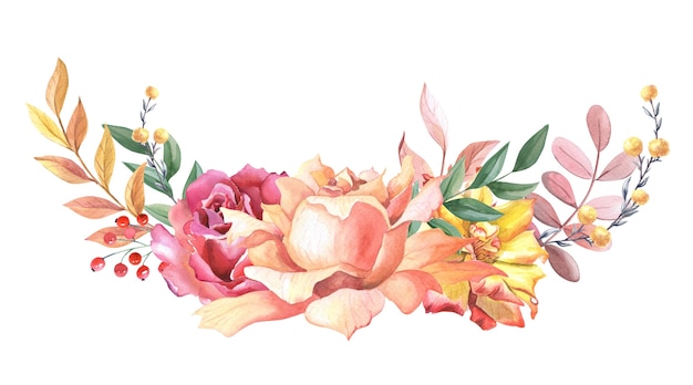 Aquarellanordnung von Rosen und Blättern. Herbstkomposition mit gelber, rosa Rose3