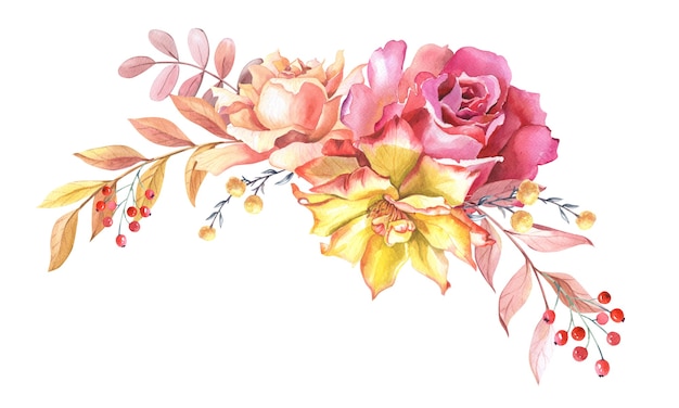 Aquarellanordnung von Rosen und Blättern. Herbstkomposition mit gelber, rosa Rose