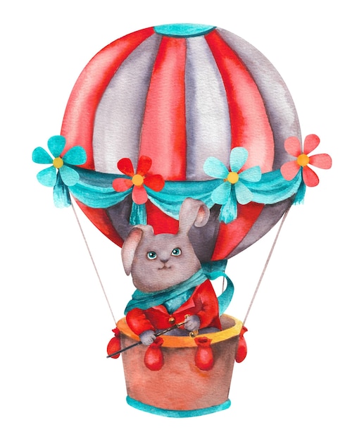 Aquarellballon mit Korb Reiseballon in rot-weiß mit floraler Bordüre mit einem Hasen an Bord