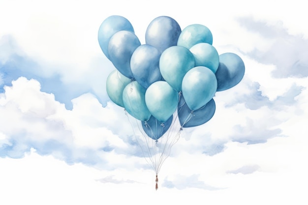 Aquarellballons schweben vor blauem Himmel auf weißem Hintergrund, KI generiert