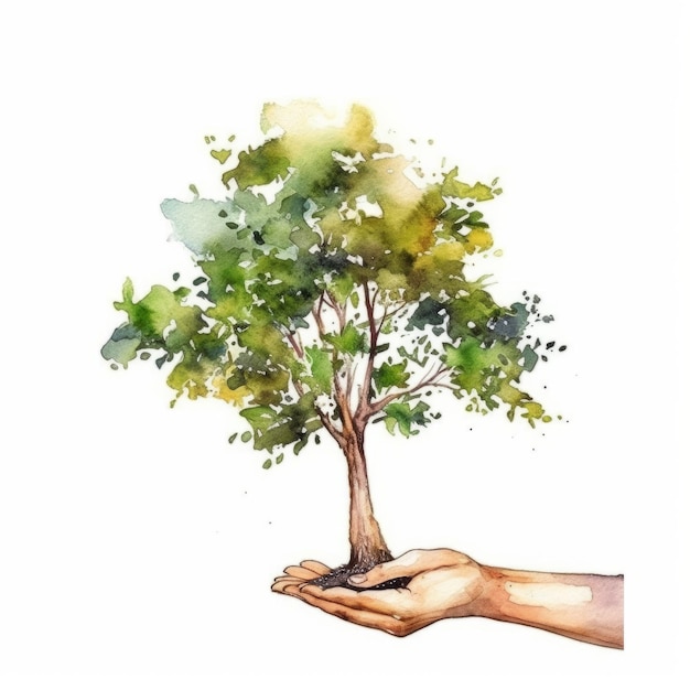 Aquarellbaum und Hand