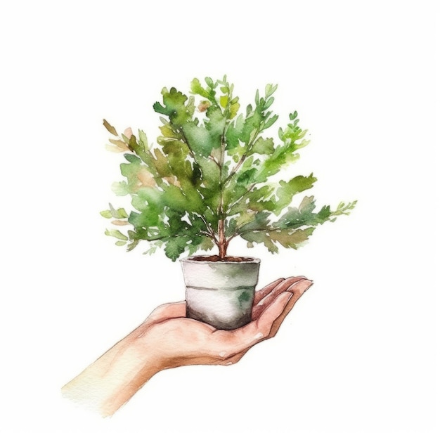 Aquarellbaum und Hand