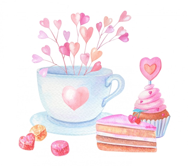 Aquarellbecher mit rosa Herzen und Kuchen