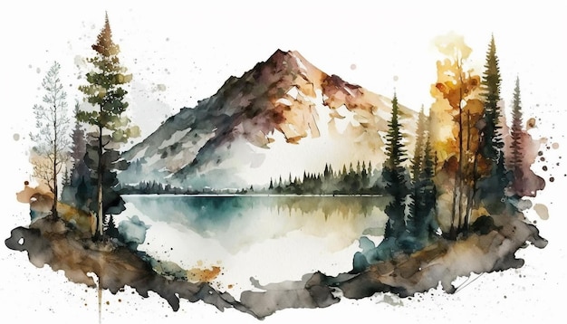 Aquarellberg auf einer Papierweißhintergrundbeschaffenheit Ein reizendes Aquarellgemälde mit einem See pi