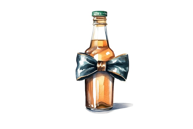 Aquarellbild einer dunklen Bierflasche mit Spritzern und Tropfen isoliert handgezeichnet zum Vatertag