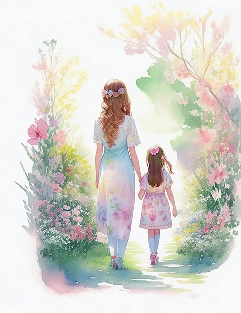 Aquarellbild einer glücklichen Familie, die mit ihrem Baby im Garten spazieren geht