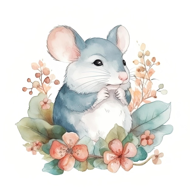 Aquarellbild einer niedlichen Maus mit Blumen. Generierte KI