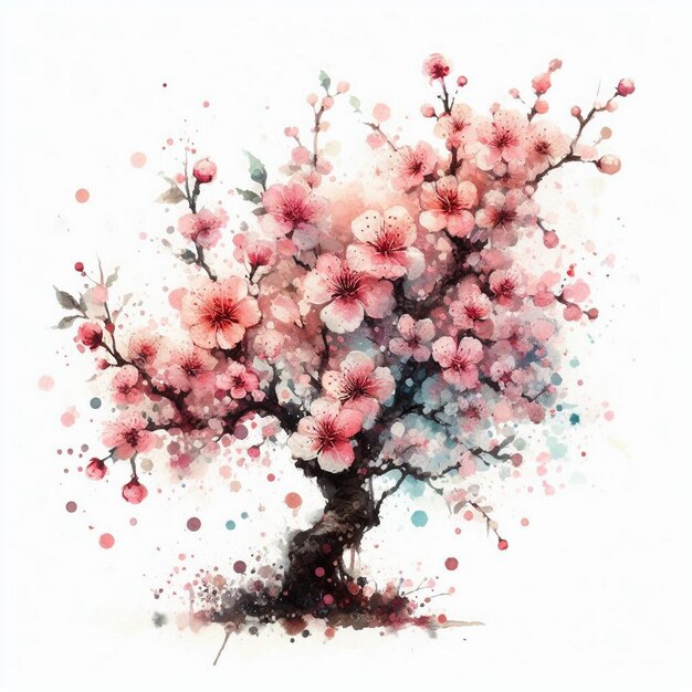 Aquarellbild mit blühender Kirschblüte