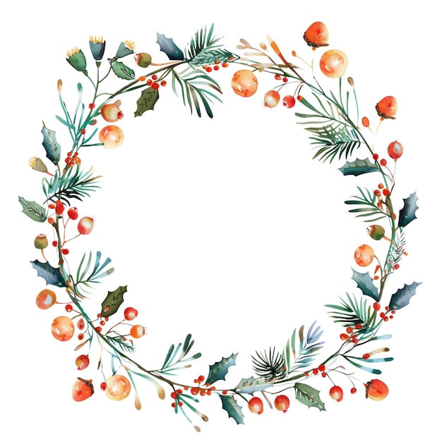 Aquarellbild von rundem Rahmen mit Weihnachtskranz aus Beeren und Heu AIG56