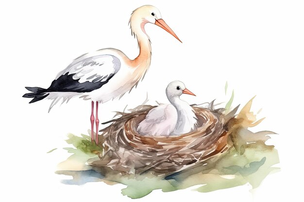 Aquarellbild von Storchen mit einem kleinen Storchen im Nest