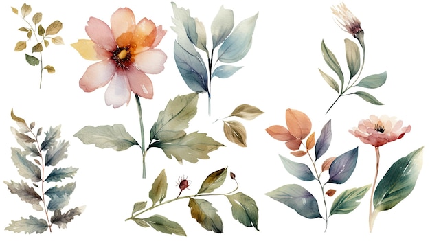 Aquarellblätter und Blumen verzierter Hintergrund