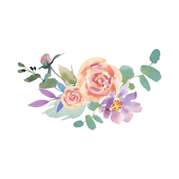 Aquarellblumen auf einem isolierten Hintergrund Handgefertigte Arbeit Bunte Illustration Hochzeit Anemonen Pfingstrosen Rosen Eukalyptus