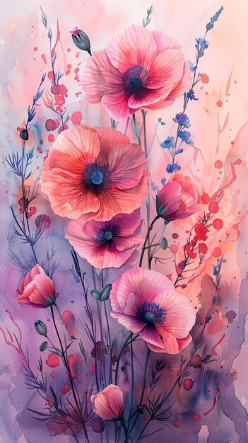 Aquarellblumen-Hintergrund mit Mohn Handgezeichnete Illustration