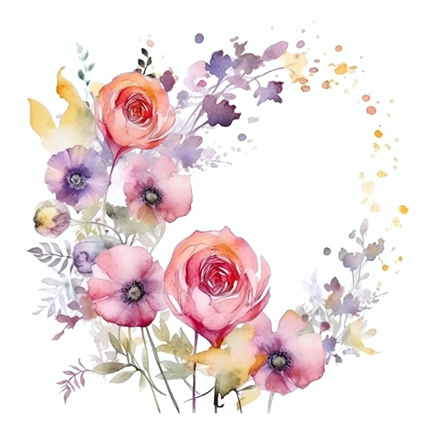 Aquarellblumen in einem Kreis mit einer violetten und orangefarbenen Sprühfarbe.