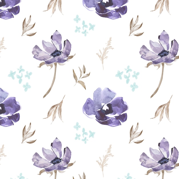 Aquarellblumen mit nahtlosem Muster Baumwollblätter Wildblumen isoliert Violettblau