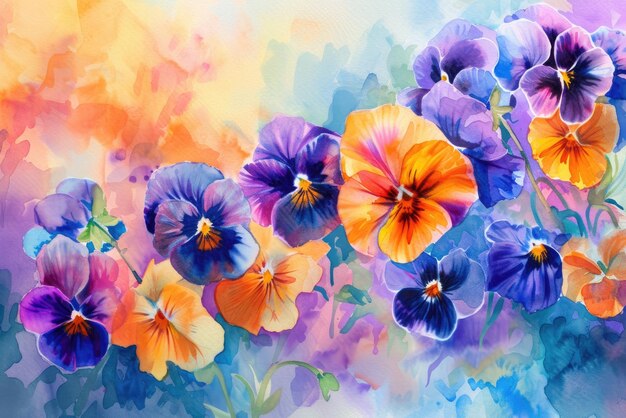 Aquarellblumen, Pansies, blumiger Hintergrund, natürlicher mehrfarbiger Hintergrund