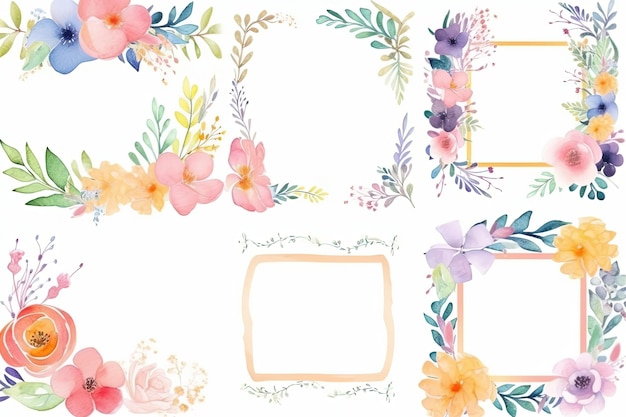 Aquarellblumen-Quadratrahmen mit Blumen und Blättern für Plakate Geschenkkarten-Mockup Handgezeichnete Illustration Generative KI