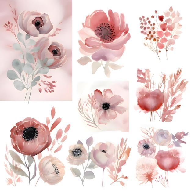 Foto aquarellblumen-set handgemalte blumenillustration isoliert auf weißem hintergrund