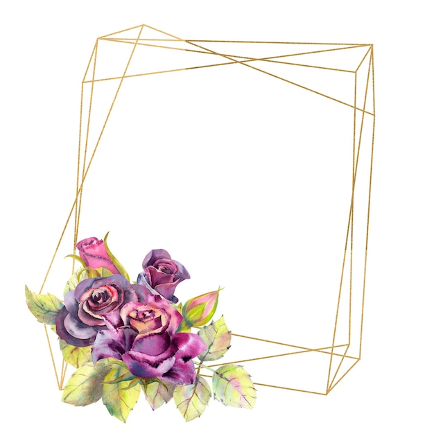 Foto aquarellblumen von dunklen rosengrünblättern zusammensetzung in einem geometrischen goldenen rahmen