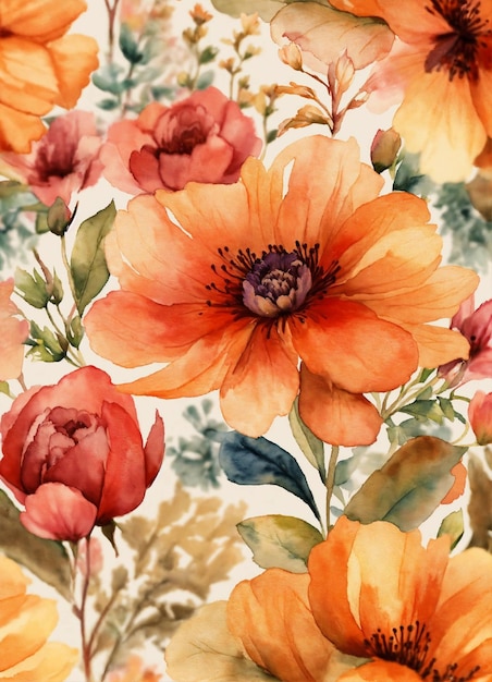 Aquarellblumenmuster fotorealistisch mit warmen Tönen 8k hohe Auflösung