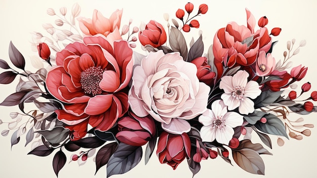 Aquarellblumensträuße mit Clipart-Illustration und Rosenblumenzweig mit grünen Blättern für Grußkarten oder Hochzeits-Einladungskarten auf weißem Hintergrund
