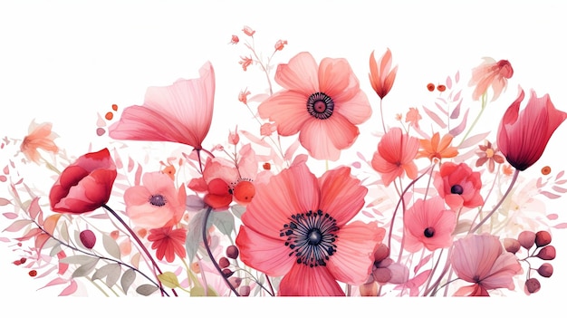 Aquarellblumensträuße mit Clipart-Illustration und Rosenblumenzweig mit grünen Blättern für Grußkarten oder Hochzeits-Einladungskarten auf weißem Hintergrund