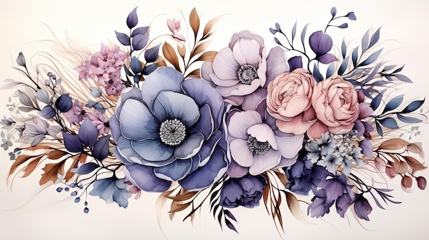Aquarellblumensträuße mit Clipart-Illustration und Rosenblumenzweig mit grünen Blättern für Grußkarten oder Hochzeits-Einladungskarten auf weißem Hintergrund