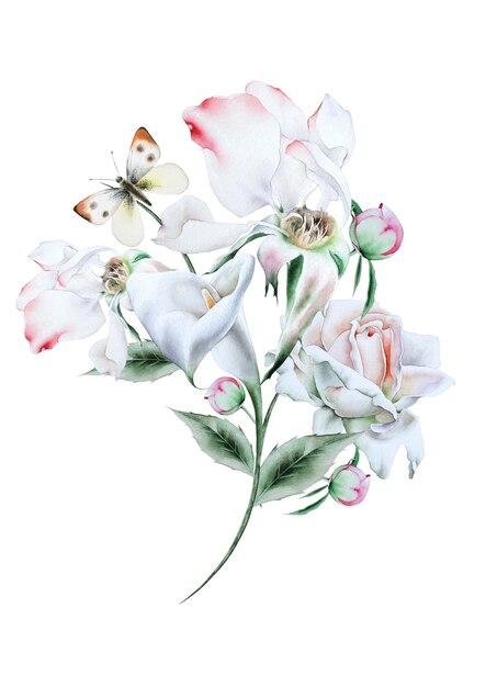 Aquarellblumenstrauß mit Blumen und Blättern. Illustration. Handgemalt.