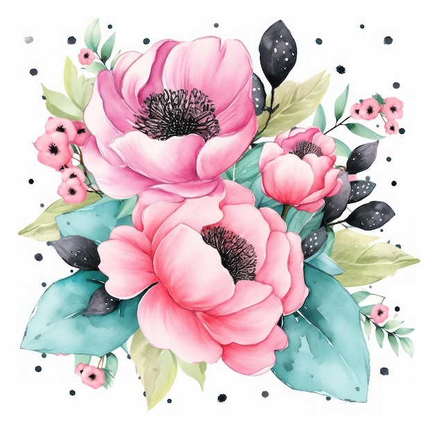 Aquarellblumenstrauß mit rosa Anemonenblüten und grünen Blättern Handgezeichnete Illustration